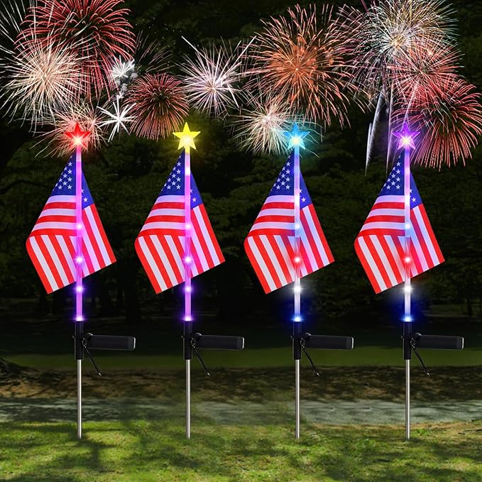 July 4th Decorative Solar American Flag Lights July 4th Solar Patriotic Flag Lights, 2 Modes Garden Pile Lights LED Landscape Lights Street Lights (Color Change), XY-T001
