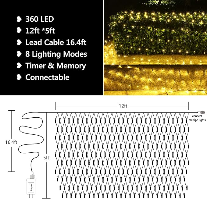 Lyhope 12ft x 5ft 360 LED Christmas Net Lights, 8 Modes Low Voltage Green Wire Mesh Christmas Decorations Lights for Xmas Trees, Bushes, Wedding, Garden, Outdoor, Indoor Decor (Warm White)