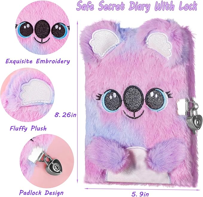 Girls Diary with Lock,Journal for Kids with Bookmarks Sticky Notes Pom Pom Pen Notebook for Writing and Drawing 160 Lined Pages Diary for Girls ages 6-8