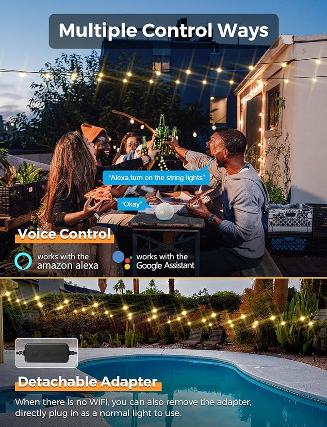 XMCOSY+ Smart Outdoor String Lights, 150Ft G40 Globe Patio Lights with 75 LED Bulbs, WiFi & APP Control, Work with Alexa, Extendable Waterproof Dimmable LED String Lights for Outside, Porch, Cafe