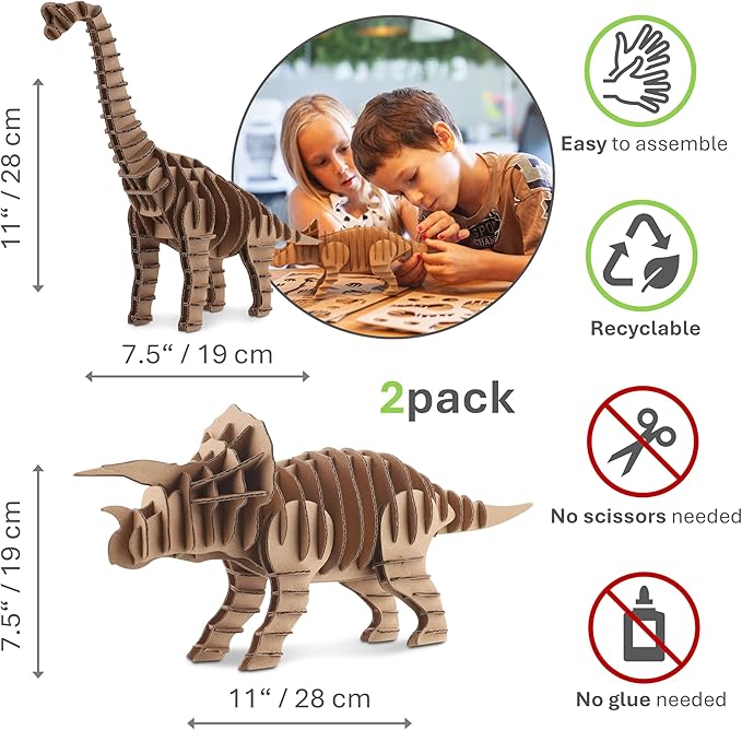Cottify Dinosaur 3D Cardboard Puzzle - Fun 3D Puzzles for Adults & Kids, Easy to Assemble 3D Puzzle, Eco-Friendly, No Scissors or Glue Needed, Perfect Sustainable Gift (2-Pack)