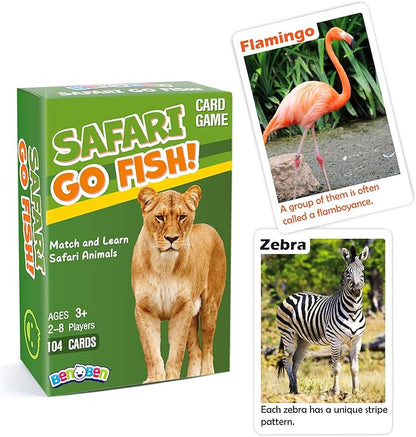 BenBen Go Fish Card Game for Kids, 104 Picture Cards, Jumbo Size, Safari Animal Learning Playing Cards, Memory Matching Games with Real Photos Fun Facts, 2-8 Players, Easter Basket Stuffers