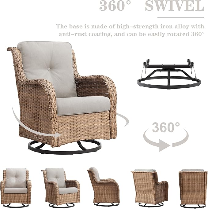 Outdoor Swivel Rocker Patio Chairs - 360 Degree Swivel Glider Seating 350LBS Weight Capacity 3 Piece Wicker Rocking Chairs Set with Side Table for Porch Balcony Deck, Yellow/Beige