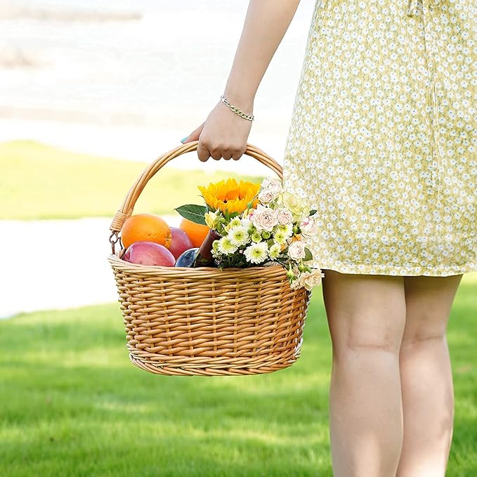 Wicker Picnic Basket with Double Folding Handles, Natural Large Willow Hamper Empty Basket Cheap Easter Eggs Candy Storage Wine Basket for Toy, Flower, Wedding（Grey 16inch）