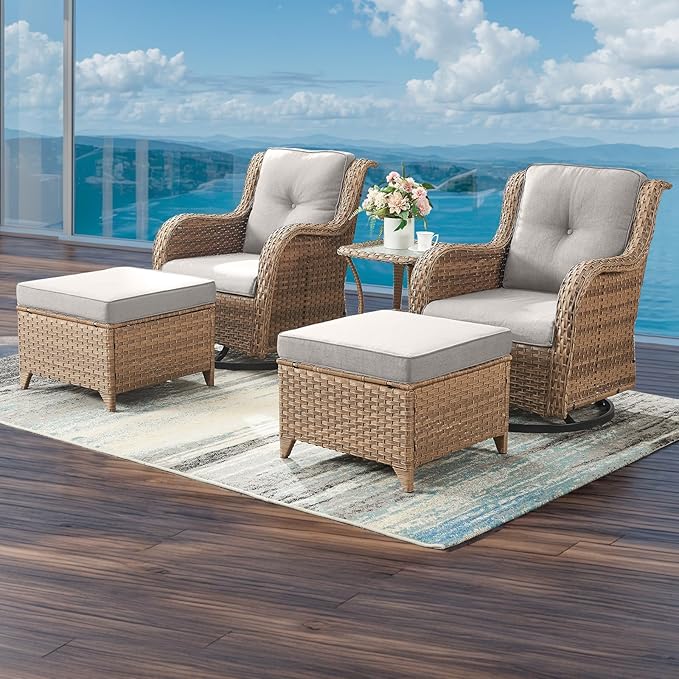 Outdoor Wicker Patio Furniture Set - 5 Pieces Rattan Patio Conversation Set with 2 Rocking Swivel Chairs,2 Ottomans and 1 Side Table for Porch Deck Backyard Garden(Yellow/Beige)