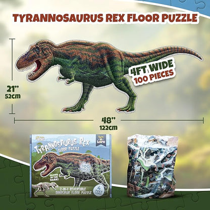 Tyrannosaurus Rex Dinosaur Jigsaw Puzzle | 100-Piece Double Sided Floor Puzzle with Glow-in-The-Dark Skeleton On Other Side | 4 FT Scientifically Accurate Dino Illustration | Educational Toy for Kids