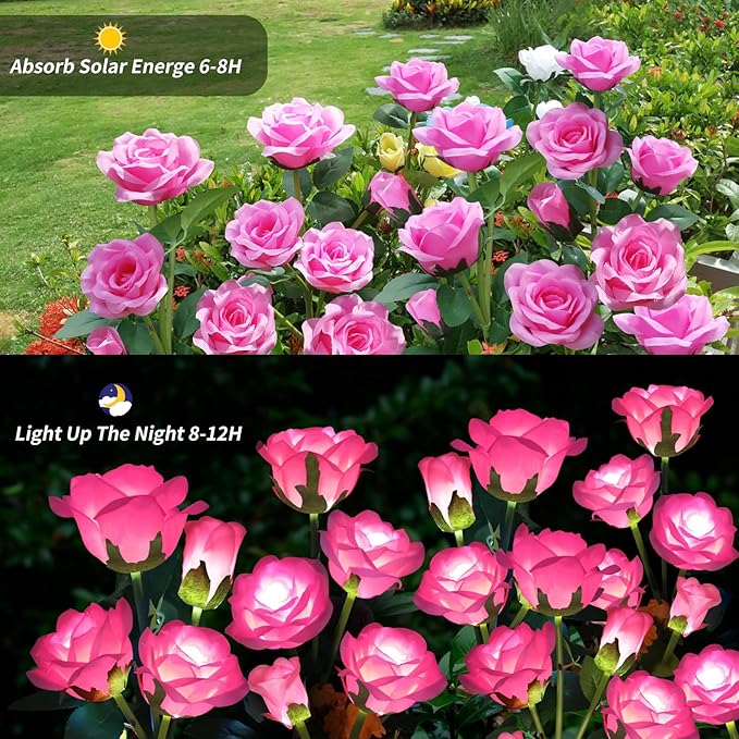 Solar Garden Lights - Realistic 10 Rose Waterproof Solar Powered Flowers for Outside Patio Yard Pathway Decorations, 2 Pack Pink