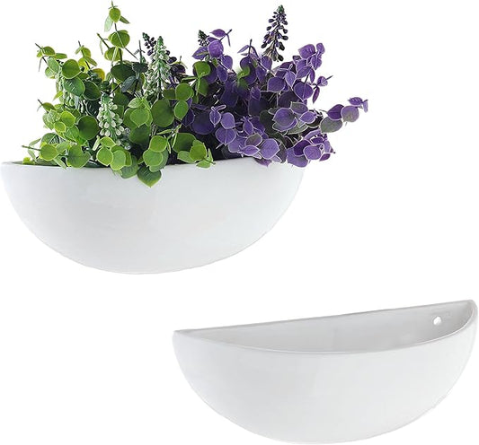 MyGift White Ceramic Wall Planters for Indoor Plants, Half Bowl Hanging Vase, Wall Mounted Succulent Planters, Set of 2