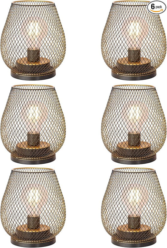 DECORKEY Set of 6 Battery Operated Lamp LED Table Lantern, Golden Metal Cage Cordless Lamps with LED Bulb, Vintage Decorative Outdoor Lantern for Weddings, Party, Patio, Events for Indoors Shelf Decor