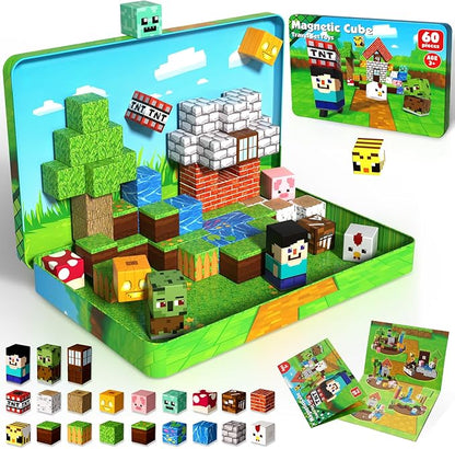 60 PCS Magnetic Blocks with Metal Box, 0.8in Mini Magnetic Building Cubes STEM Educational Toys for Kids Ages 3+ Boys Girls, Travel Airplane Classroom Play, Birthday Christmas Toy Gifts