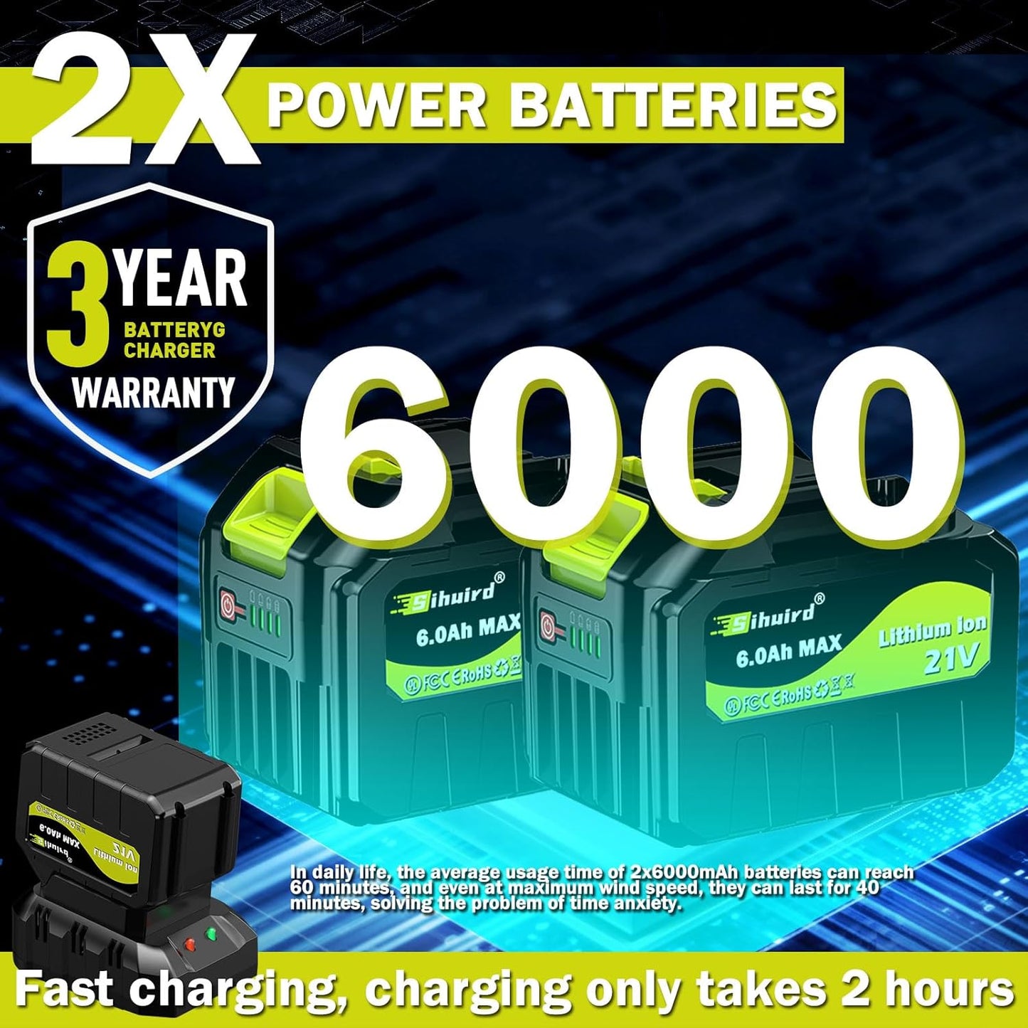 Leaf Blower Cordless,2 x 21V 6.0Ah Battery and Charger, with 680CFM 190MPH Electric Cordless Leaf Blower, 3-Variable Speed & Turbo Mode, Blowers for Lawn Care (5002 E) (Green)