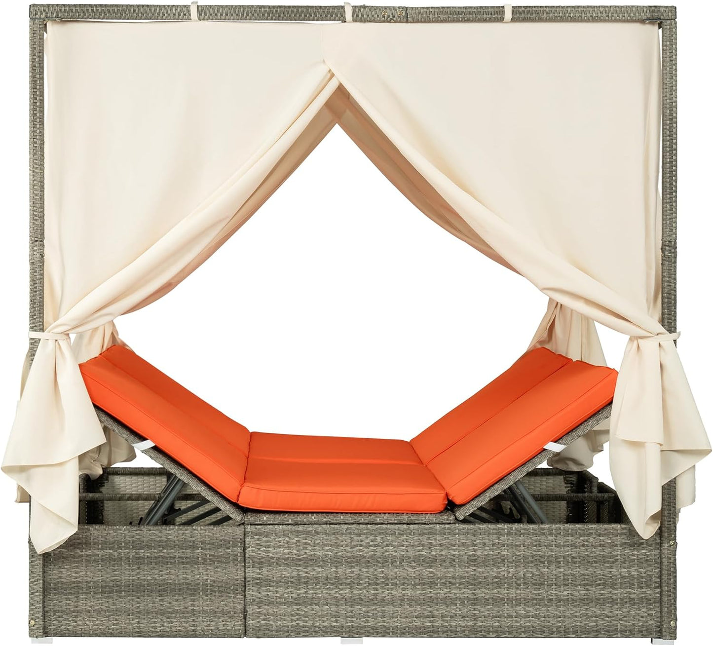 Patio Chaise Lounge, Gray PE Rattan Outdoor Patio Wicker Sunbed Daybed with Adjustable Seats, Four-sided Canopy, Overhead Curtain and Orange Cushion for Backyard, Garden, Poolside (for 2-6 people)