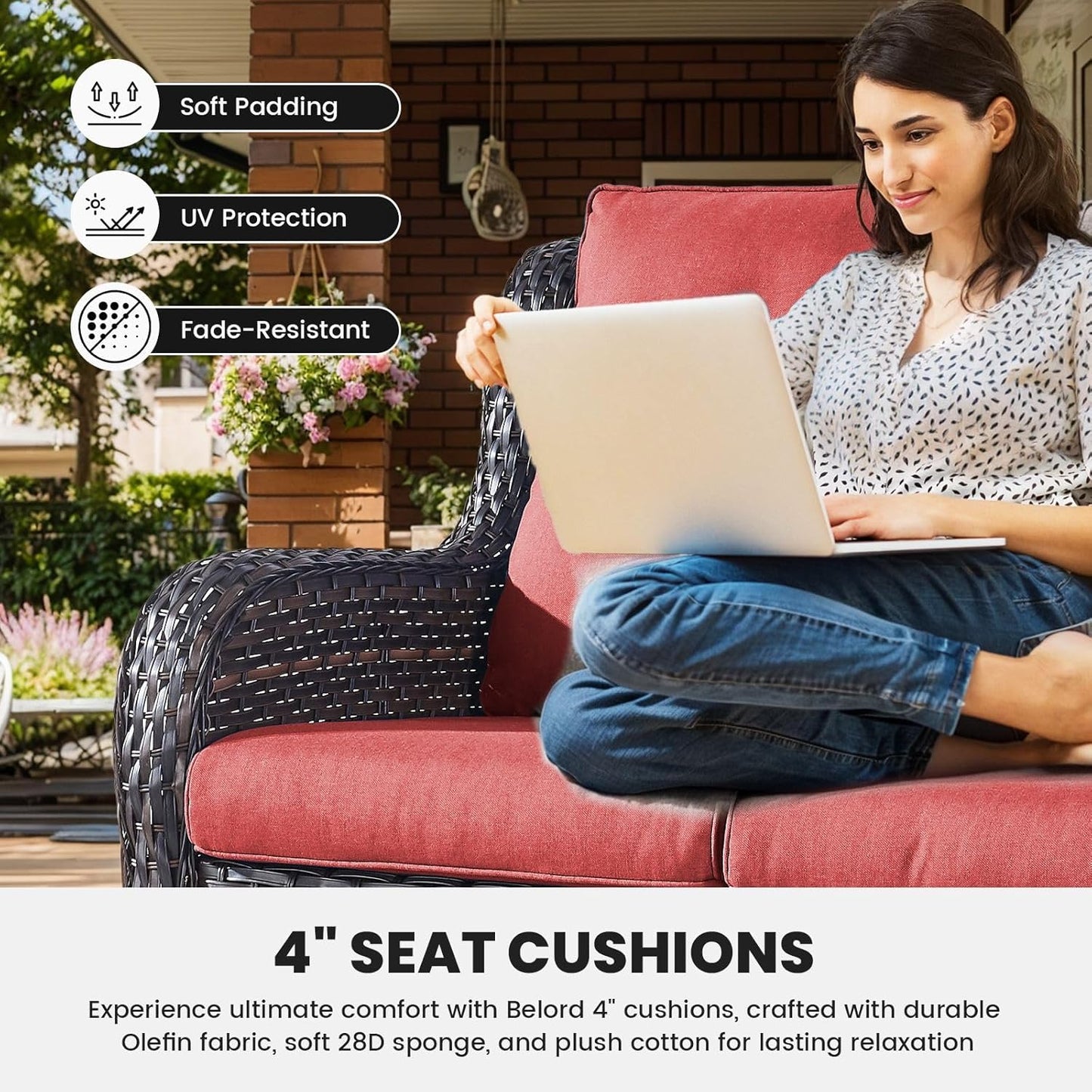 75Inch Outdoor Wicker Sofa - Standard 3 Seater with High Backrest, All Weather Rattan Patio Furniture for Balcony, Deck, Backyard, Brown Wicker/Red Cushion