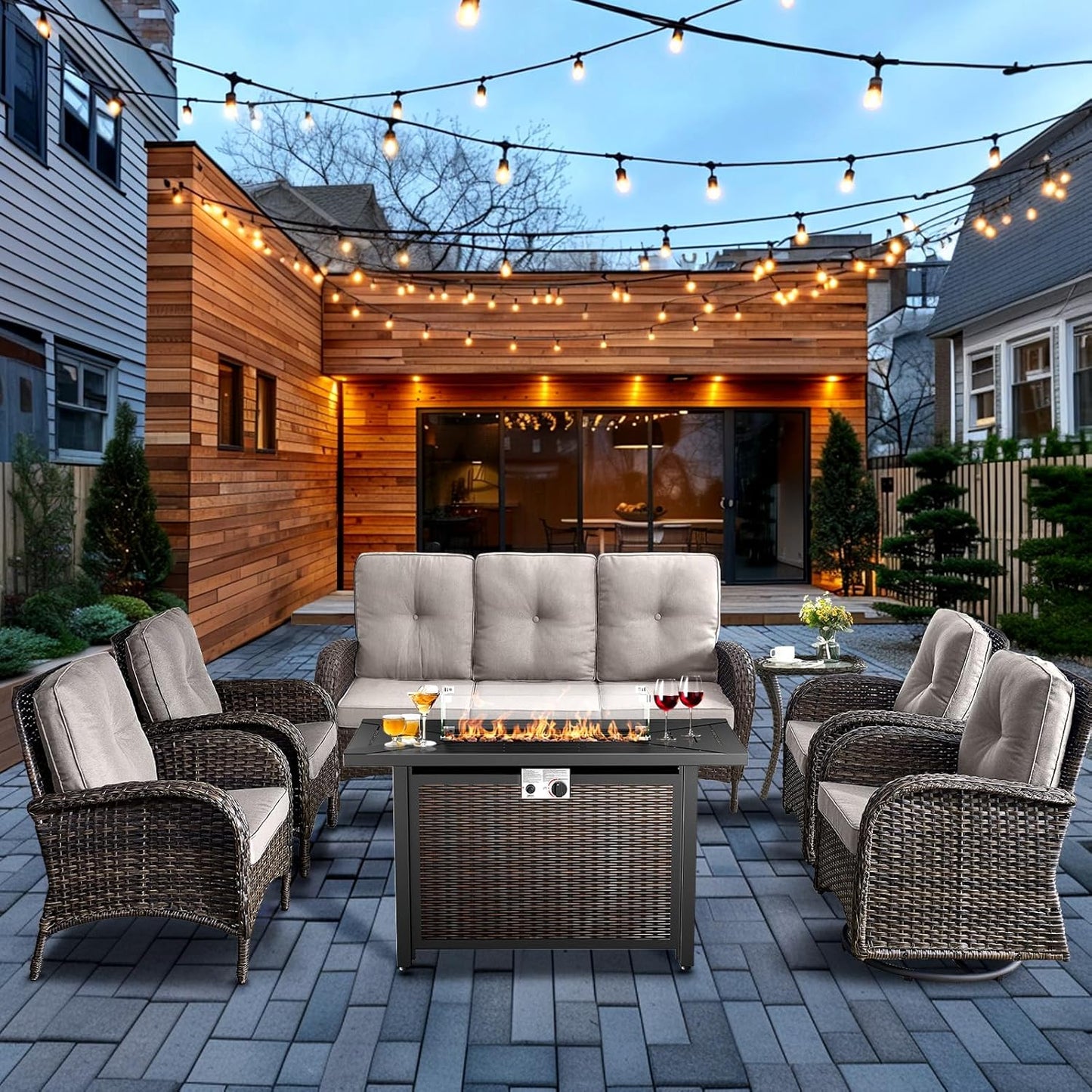 HUMMUH 7 Piece Patio Furniture Set with Fire Pit Table,Wicker Patio Swivel Rocker Outdoor Chairs 3-Seat Sofa for Porch,Poolside,Deck