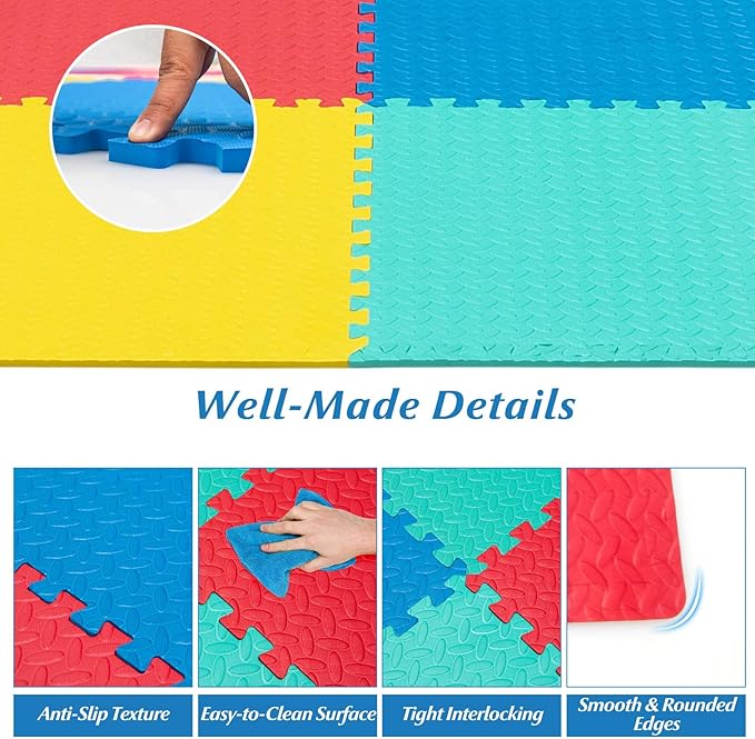 HONEY JOY Foam Floor Tiles for Kids, EVA Interlocking Baby Soft Puzzle Play Mat with Borders, Non-Slip Large Carpet Rug, for Baby Crawling Exercise & Development, Playroom, Bedroom (12 Pieces)