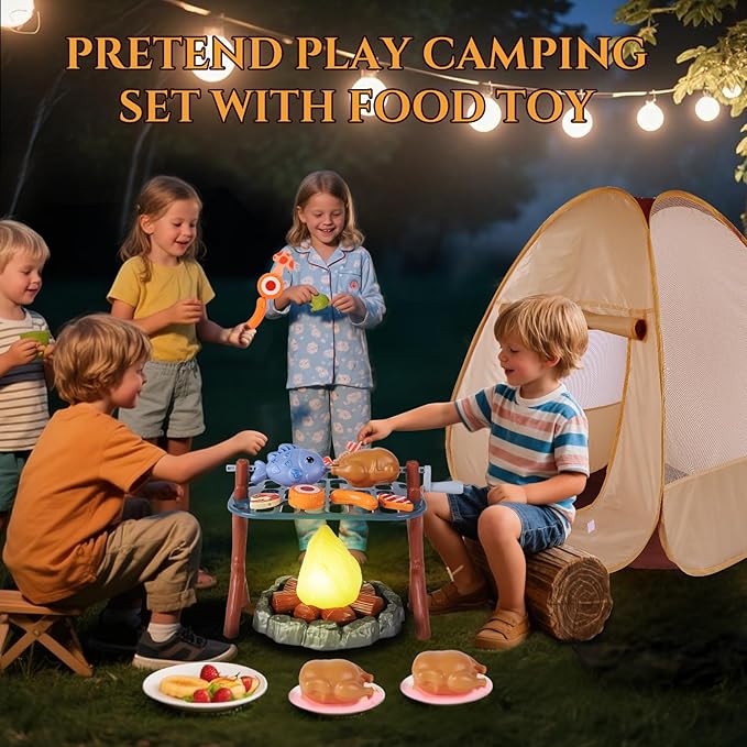 Kids Camping Playset with Pop Up Tent, Pretend BBQ Campfire Sets with Toy Food, Indoor Outdoor Educational Toys for Boys Girls Hiking Adventure Gifts Outdoor Playset Nature Exploration Toys