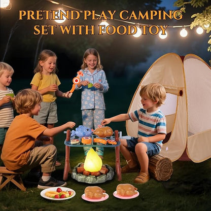 Kids Camping Playset with Pop Up Tent, Pretend BBQ Campfire Sets with Toy Food, Indoor Outdoor Educational Toys for Boys Girls Hiking Adventure Gifts Outdoor Playset Nature Exploration Toys
