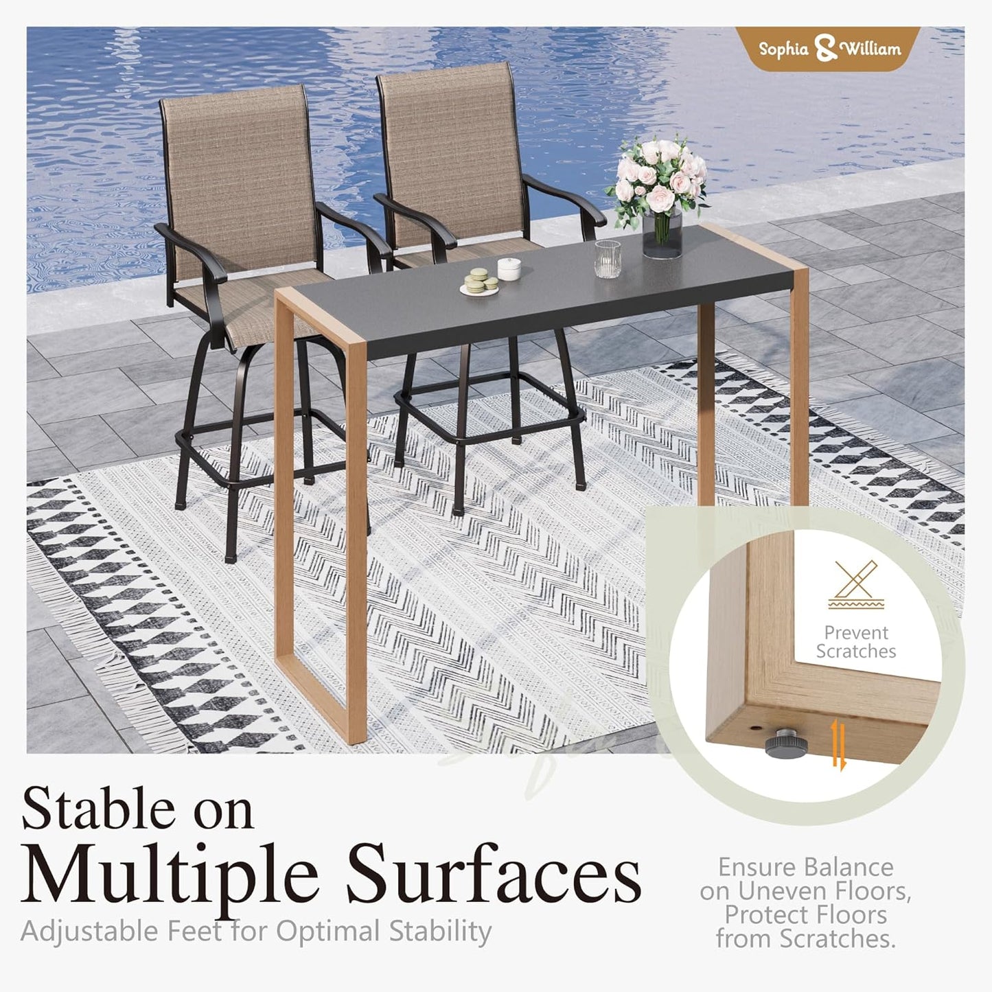 Sophia & William Outdoor Bar Set, Patio Bar Table and Chairs Set, Bar Height Patio Set - 2 x Swivel Bar Chairs(Brown), 1 x Rectangular Bar Table(Larimar Desktop)