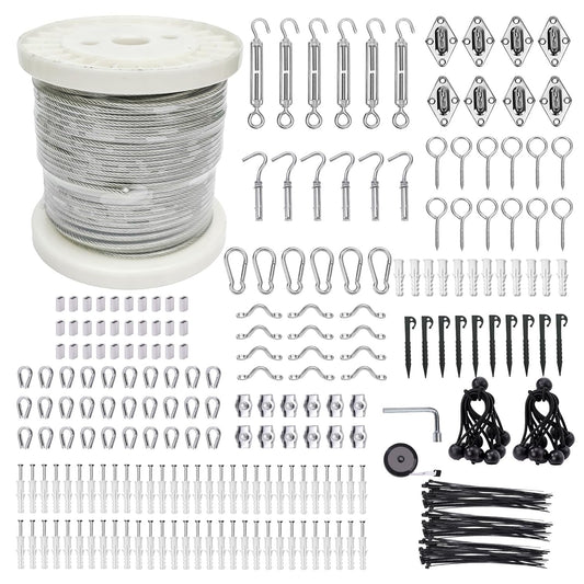 3/38" Wire Cable Rope Kit ，Vinyl Coated 304 Stainless Steel Wire – 300FT 7x7 Strand Cable with Turnbuckles，Shade Sail & Hanging Lights Hardware Kit for Outdoor, Garden,Patio, Crafts,