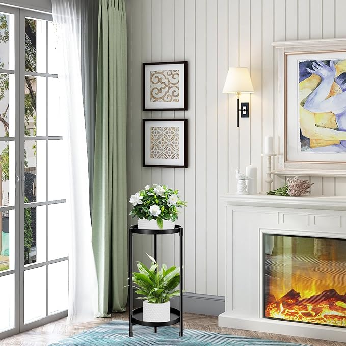 Metal Plant Stand Indoor Outdoor,2 Tier Black Tall Corner Flower Pot Holder Stands,Multiple Tiered Wrought Iron Planter Shelves for Patio Living Room Balcony Office (2 tierd)