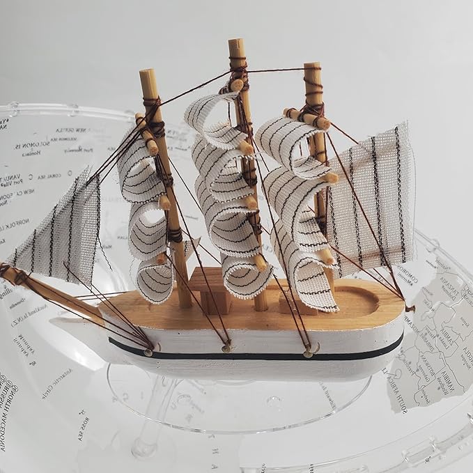 White Earth Globe (Diam. 20 cm/7.9 inches), Desktop Night Light, World Map, Sailboat, Warm White Light