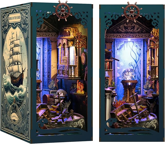 ISSEVE Book Nook Kit, DIY 3D Wooden Puzzle Dollhouse Booknook for Adults, Tiny Miniature House Kit Bookshelf Decor with LED Light and Dust Cover, Gifts for Family and Friends (Sea Maze)