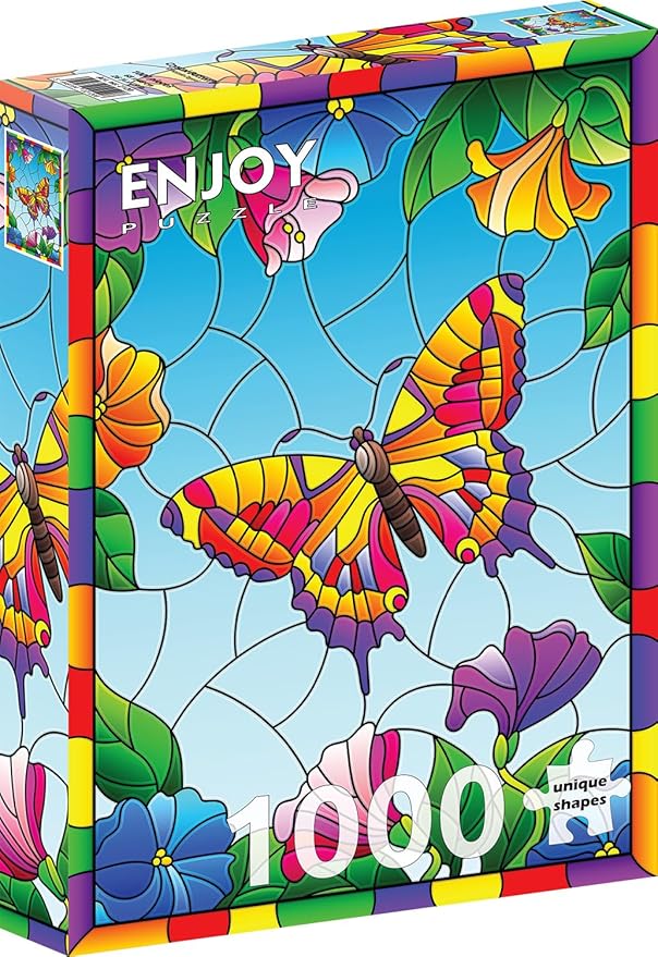 1000 Pieces Jigsaw Puzzle – Matte Finish, Soft Touch, Easy to Assemble, Tight Fit, Vivid Colors, Missing Pieces Service – Multicolor Butterfly Stained Glass Illustration – by ENJOY Puzzle