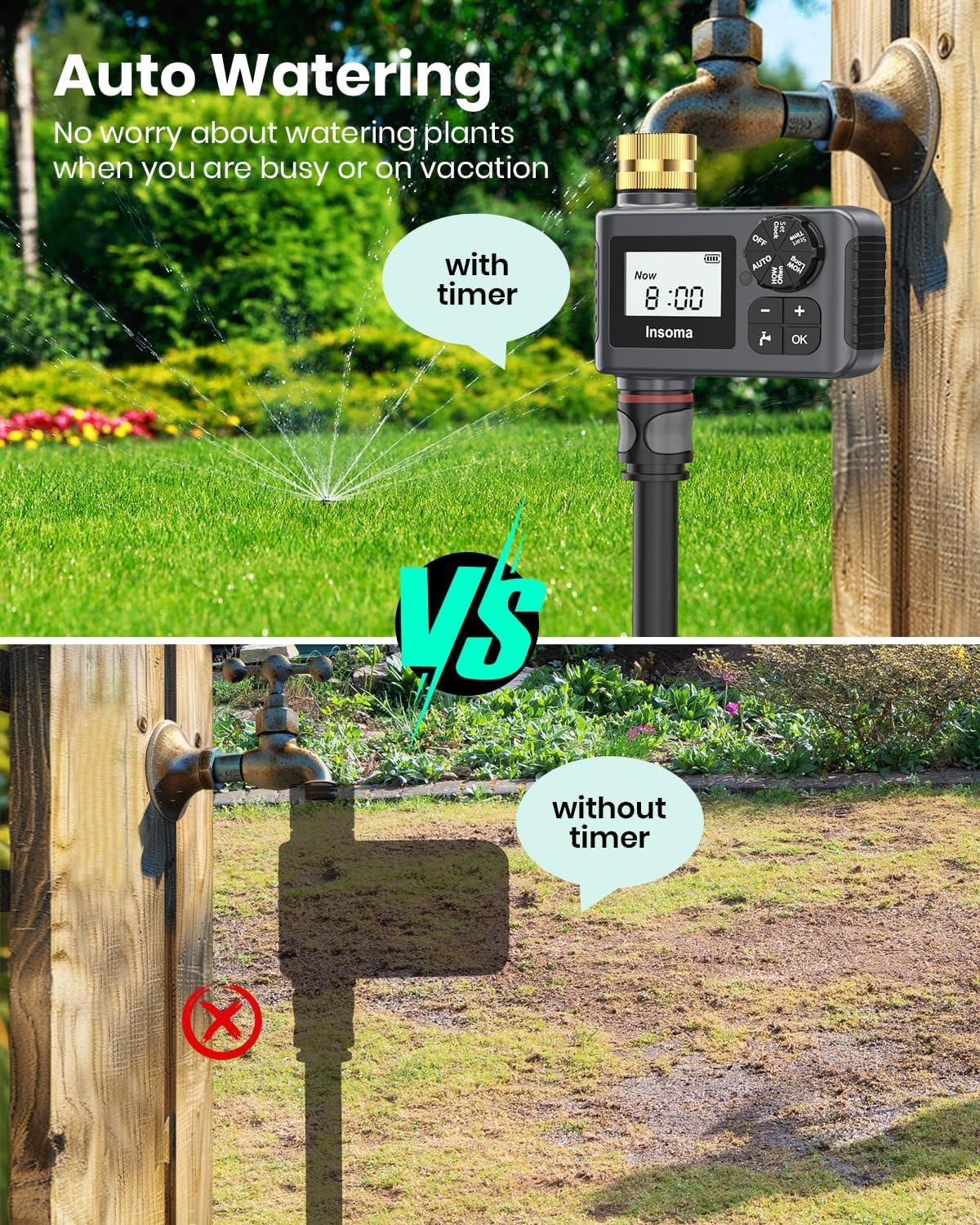 Sprinkler Timer with Brass Inlet and Outlet, Programmable Water Timer for Outdoor Garden Hose, Hose Timers with Rain Delay/Manual/Auto Mode, Drip Irrigation and Lawn Watering System, 1 Outlet