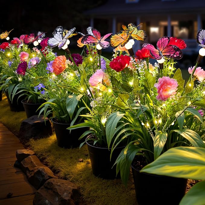 Solar Flowers Lights Outdoor Waterproof, 3 Pack 2 in 1 Solar Butterfly Bouquet for Garden Decor, LED Warm Lighting Garden Lights Outdoor for Pathway Yard Patio Decoration