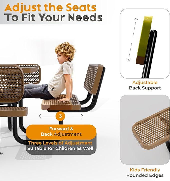 Metal Picnic Tables for Outdoors with Umbrella Hole - Coated Steel Heavy Duty Commercial Grade Table with Adjustable Seats (Brown, 46 in, Square with Back, Expanded Steel)