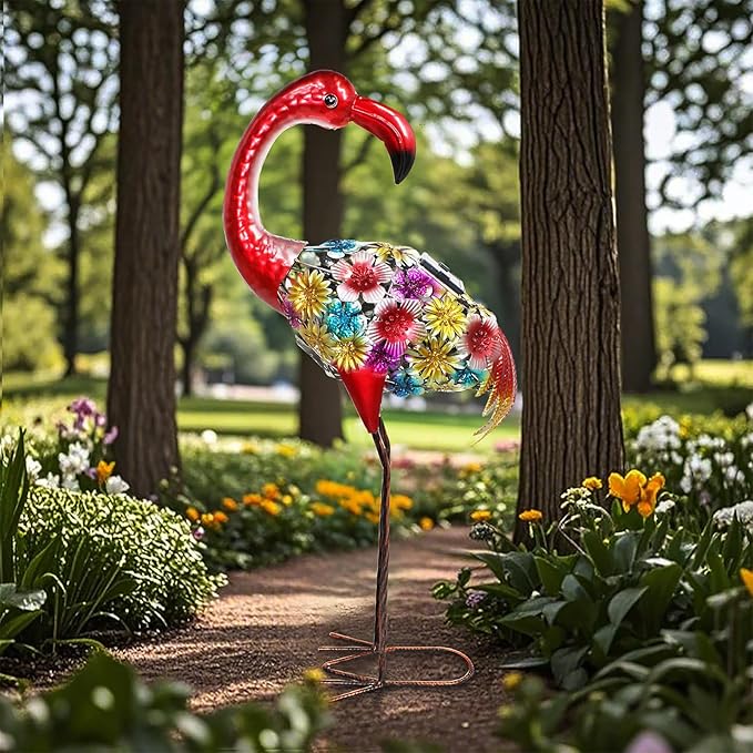 Solar Outdoor Garden Lights,25.3 Inch Height Metal Flamingo Sculptures Garden Statues,Mothers Day Ideal Gifts, Waterproof Path Lights Lawn Stake Ornaments for Patio Pathway Lawn Porch Yard Decoration