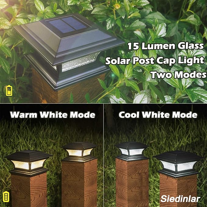 SIEDiNLAR Solar Post Lights Outdoor Glass LED Fence Cap Light 2 Modes for 4x4 5x5 6x6 Posts Deck Patio Garden Decoration Warm White/Cool White Lighting Black (1 Pack)