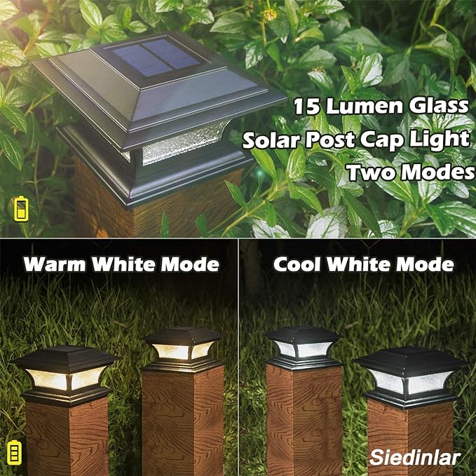 SIEDiNLAR Solar Post Lights Outdoor Glass LED Fence Cap Light 2 Modes for 4x4 5x5 6x6 Posts Deck Patio Garden Decoration Warm White/Cool White Lighting Black (2 Pack)