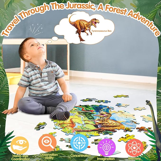 Glow-in-The-Dark Dinosaur Floor Puzzles for Kids Ages 4-6, Kids Jigsaw Puzzles Ages 6-8, 70PCS Large Round Dino Educational Puzzle Toys Gifts for 3 4 5 6 7 8 Years Old Boys Girls Children