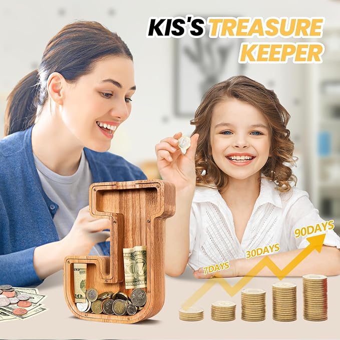 KMC Wooden Letter Piggy Bank, Personalized Initial Piggy Bank for Kids Boys, Clear Alphabet J Wood Money Box, Unbreakable Coin Saving Jar, Birthday, for Children