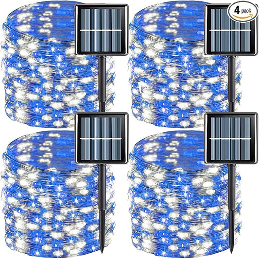 QITONG 4 Pack Blue and White Solar Fairy Lights, Each 33ft 100 LED String Light, 8 Modes Silver Wire Solar Twinkle Lighting for Tree Garden Yard Christmas