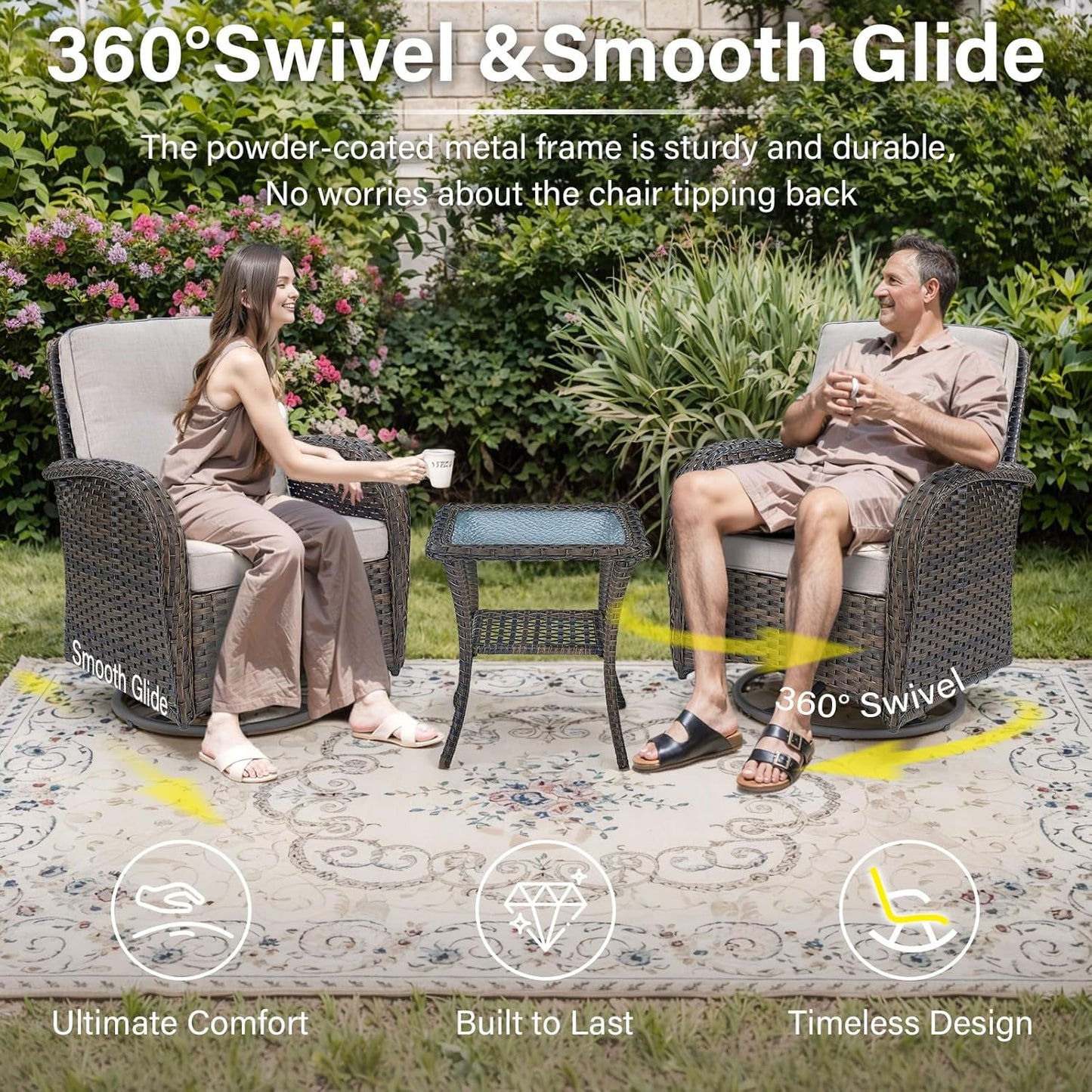 6 Pieces Wicker Patio Conversation Sets with Outdoor Swivel Rocker Chairs and Loveseat Glider Chair, All-Weather Rattan Furniture Set for Deck Patio Backyard Sunroom Brown