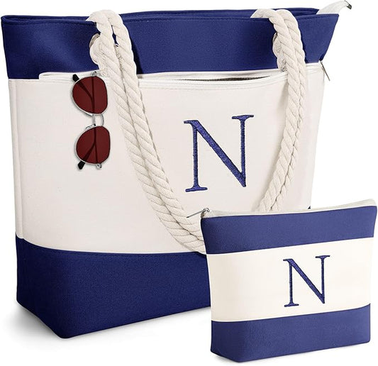 YOOLIFE Beach Bags for Women - Initial Tote Waterproof Bag with Makeup Bag, Mothers Day Gifts for Women Mom Friend Birthday