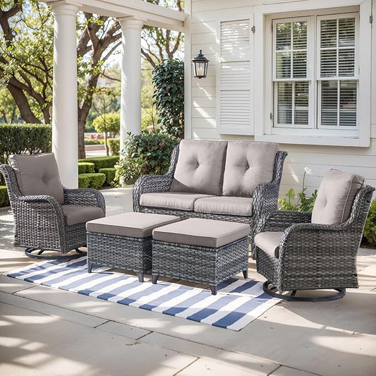 Outdoor Wicker Patio Furniture Set - 5 Piece Rattan Patio Conversation Set with 2 Rocking Swivel Chairs,2 Ottomans and 1 Loveseat for Porch Deck Backyard Garden(Mixed Grey/Grey)