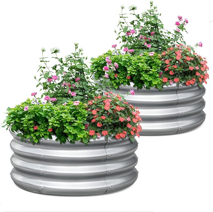 KING BIRD Raised Garden Bed Galvanized Round Planter Box Outdoor for Gardening, Plants, Vegetables, Flowers, Silver, 24x24x12 in, 2 Packs