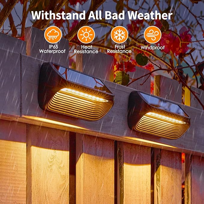 LETMY Solar Fence Lights Outdoor Waterproof, 6 Pack Fence Lights Solar Powered with 3 Modes, Auto On/Off Outdoor Solar Deck Lights for Outside Yard Stair Fence Deck Wall Patio Decor