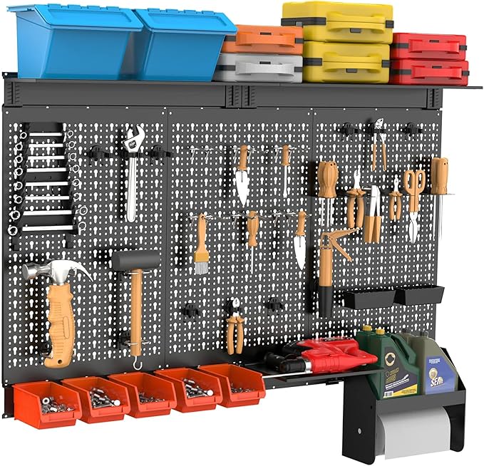 TORACK Metal Pegboard Wall Organizer 4ft Wide, Tool Storage Pegboard System for Garage with Accessories, Wall Mount Storage Bins, Shelves, Peg board Tool Organizer Kit for Workbench(Black)