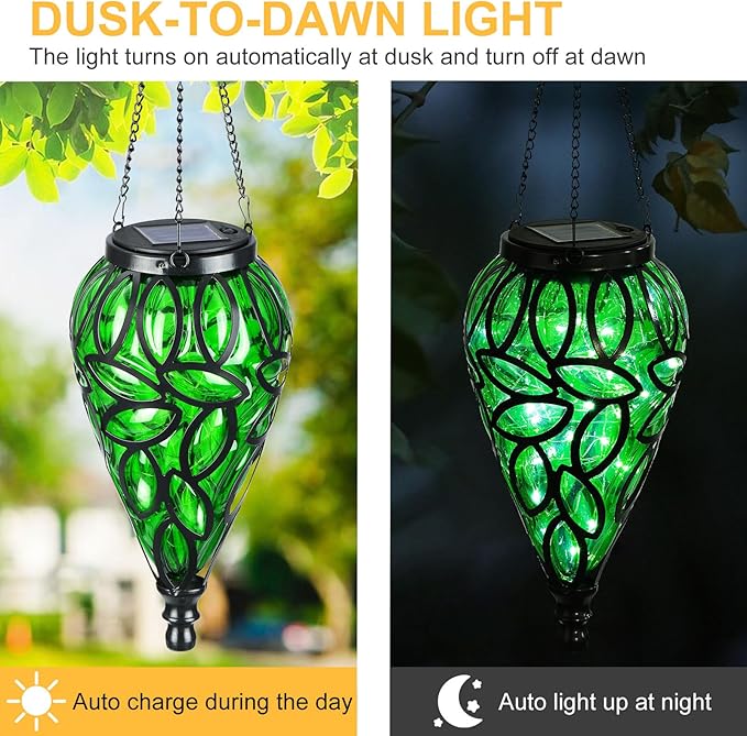 Solar Hanging Lantern Outdoor Lights, Tear-Shaped 15 LEDs Cool White Hanging Lights with S Hooks Decor in Garden, Yard, Pathway, Front Door and Landscape