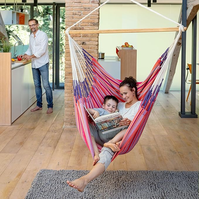 LA SIESTA® - Large Comfort Habana Cotton Hammock Chair & CasaMount - Hanging Chair w/Suspension Kit for Walls Ceilings & Square Beams - Indoor Outdoor Swing Hanging Chair Bedroom Balcony - Flamingo