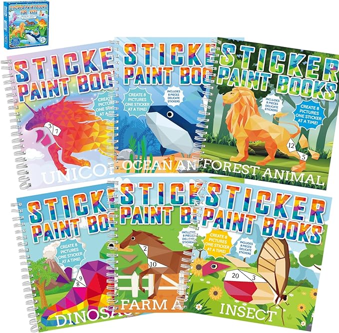 6 Pcs Paint by Sticker Books for Kids Ages 4-8 Sticker by Number Books Activity Book for Kids Ages 3-5 Sticker Puzzle Book Craft Art Toddler Girls Gift with Dinosaur Unicorn Forest Animal 48 Pictures