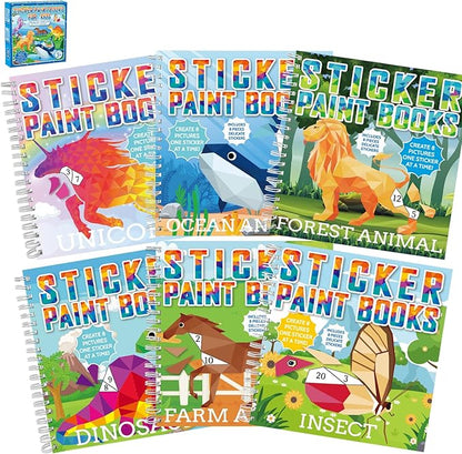 6 Pcs Paint by Sticker Books for Kids Ages 4-8 Sticker by Number Books Activity Book for Kids Ages 3-5 Sticker Puzzle Book Craft Art Toddler Girls Gift with Dinosaur Unicorn Forest Animal 48 Pictures