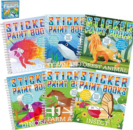 6 Pcs Paint by Sticker Books for Kids Ages 4-8 Sticker by Number Books Activity Book for Kids Ages 3-5 Sticker Puzzle Book Craft Art Toddler Girls Gift with Dinosaur Unicorn Forest Animal 48 Pictures