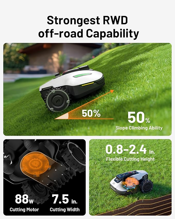YUKA Mini 500 Robotic Lawn Mower for 0.12 Acre,Ultrasense AI Vision+ RTK Positioning, Auto Mapping, App Control,50% Slope,Perimeter Wire Free, 15 Mowing Zones Management