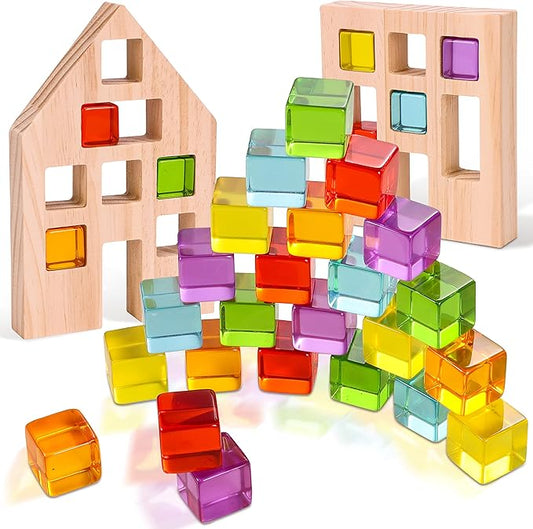 Woodtoe Wooden Building Blocks Set for Kids, 24 PCS Rainbow Gem Cubes Stacking Blocks - 2 Wood House, Montessori Stacking Toy for Toddlers, Educational STEM Learning Toy for Boys Girls 3-6