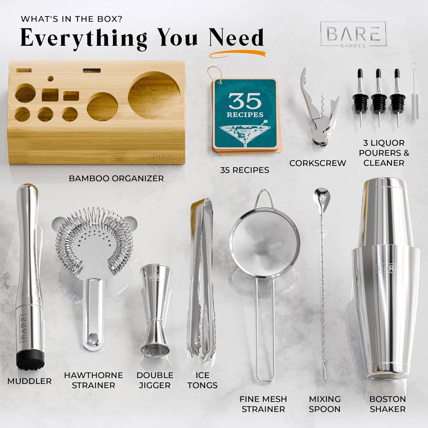 BARE BARREL® Mixology Bartender Kit Bar Set | 14-Piece Cocktail Shaker Set | Martini Barware Mixing Tools for Home Bartending | Incl. 35 Recipe Cards | Gift Set (28oz Boston Shaker, Silver/Natural)